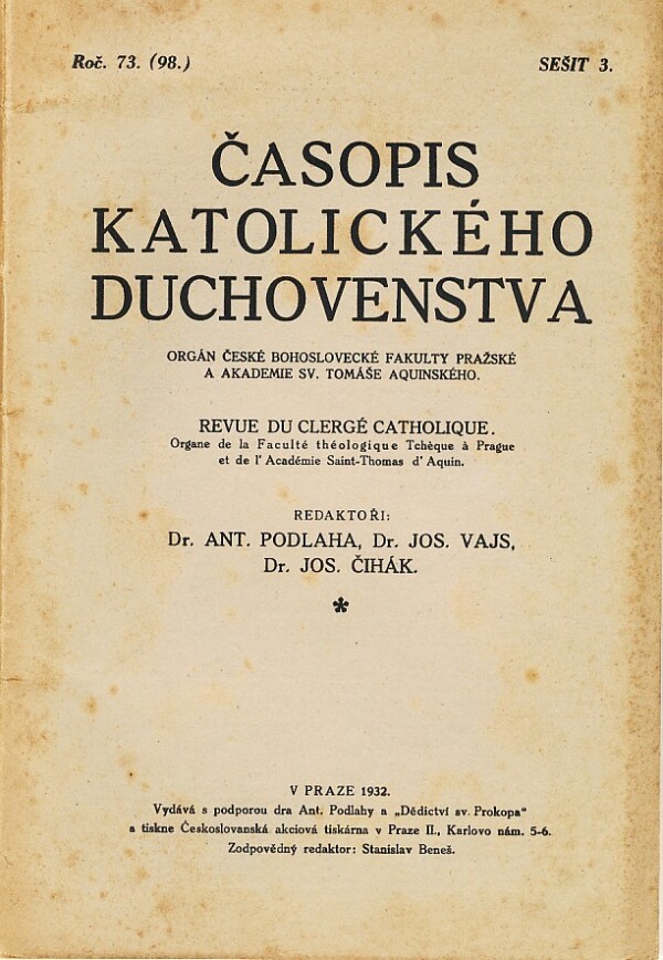 A. Podlaha, kol: ČASOPIS KATOLICKÉHO DUCHOVENSTVA ROČ. 73, SEŠIT 3